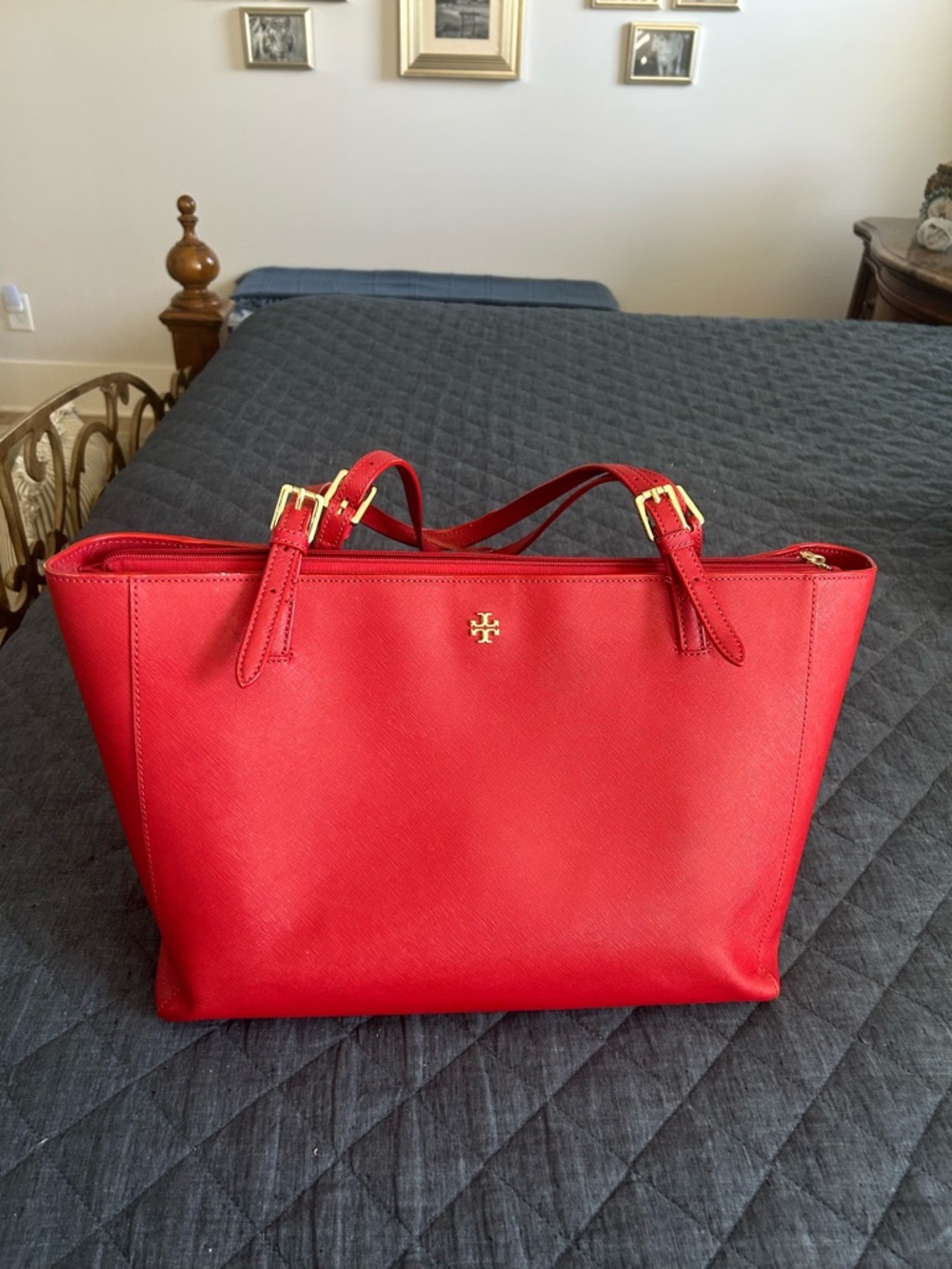 Tory Burch Red Saffiano Tote with Gold Hardware
